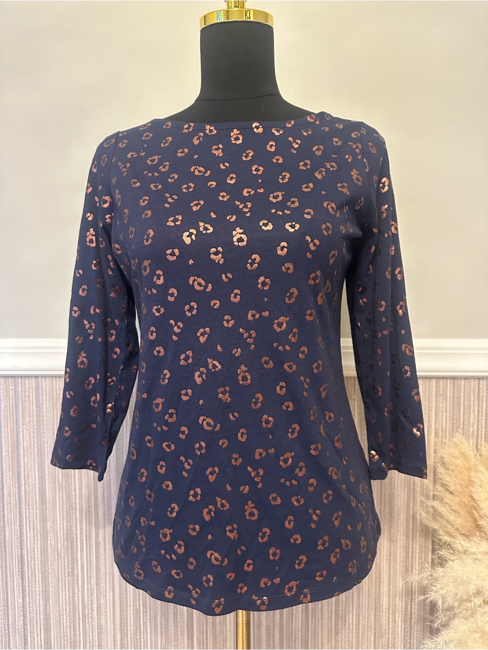 Boden Navy Metallic Leopard Print 3/4 Sleeve Top US 6 UK 10 Cotton Modal NWT
